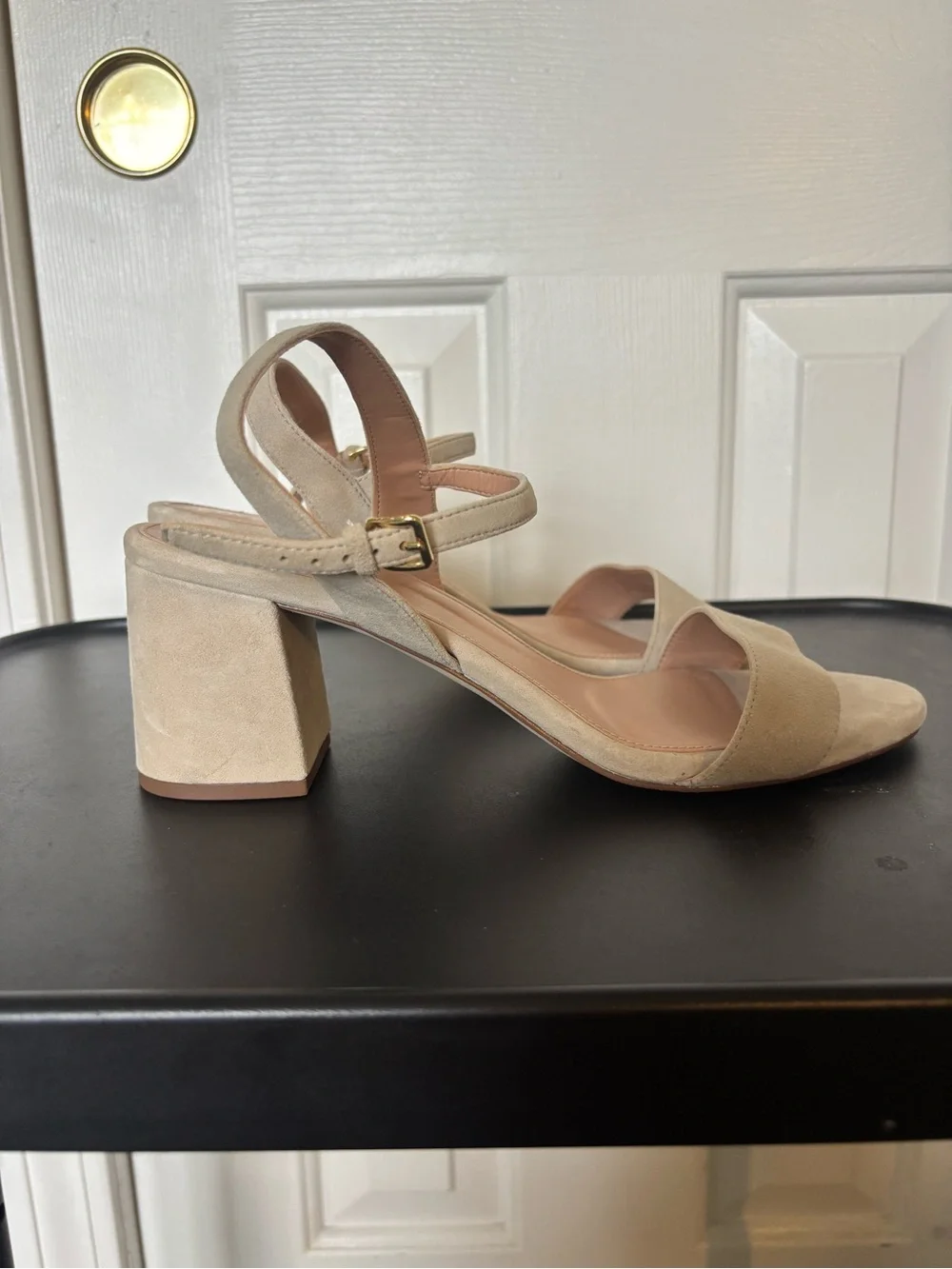 Cole Haan Beige Suede Block Heel Sandals